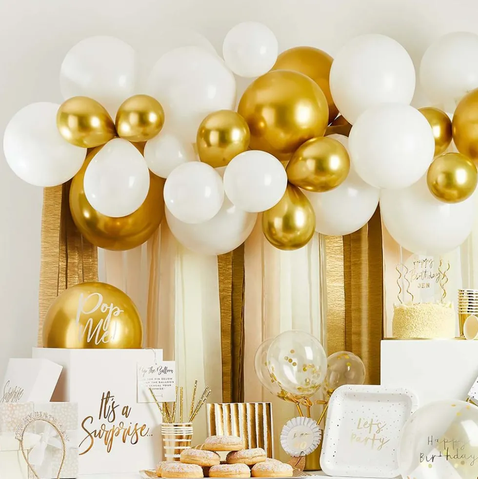 Ballonbue med Streamers Hvid/Guld Metallic