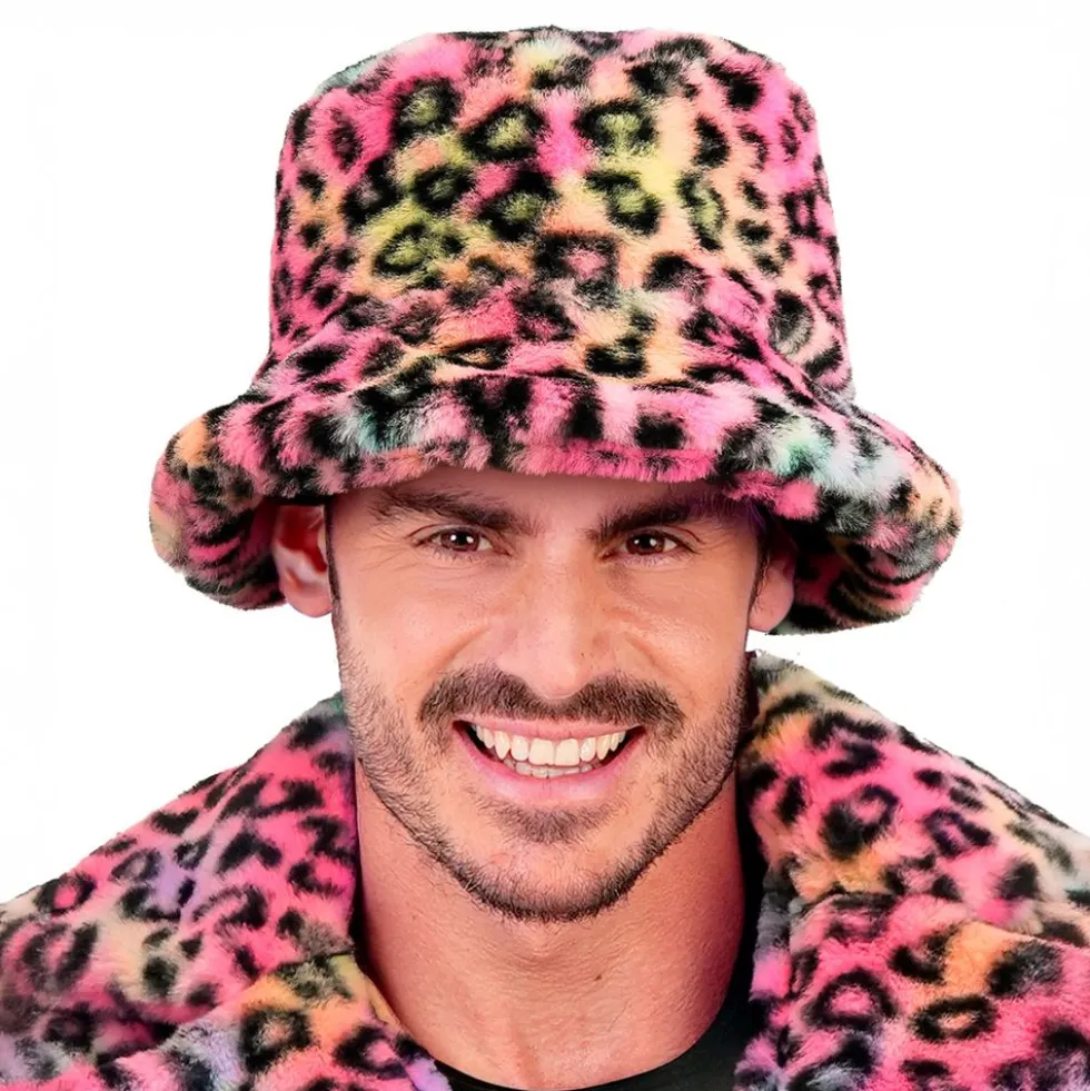 Bucket Hat i kunstpels leopard lyserød