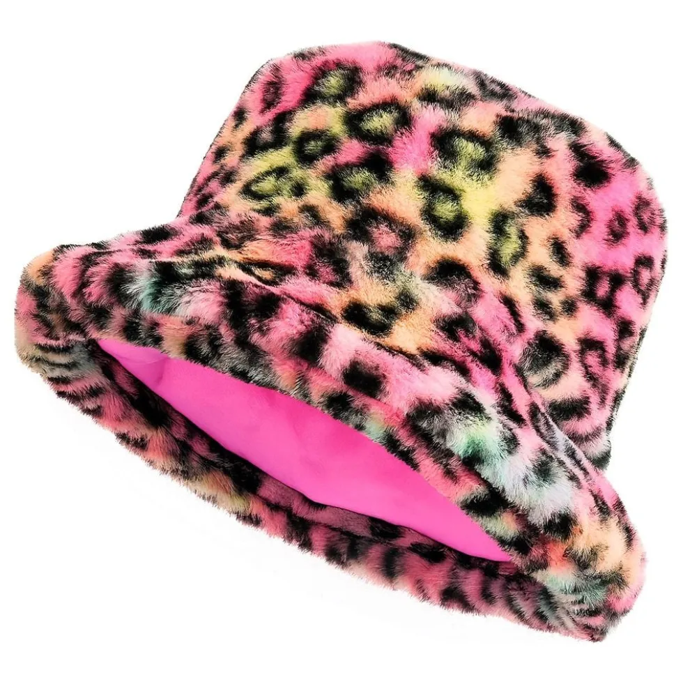 Bucket Hat i kunstpels leopard lyserød