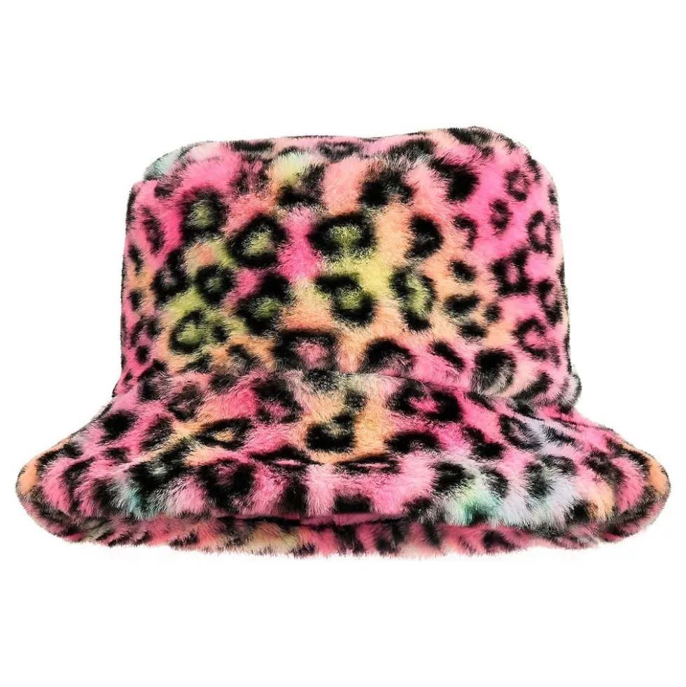 Bucket Hat i kunstpels leopard lyserød