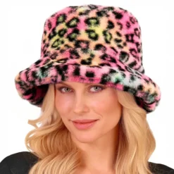 Bucket Hat i kunstpels leopard lyserød