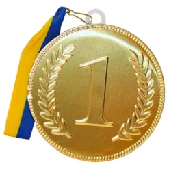 Chokolademedalje nr. 1 med Blåt/Gult Bånd