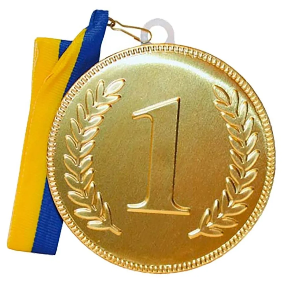 Chokolademedalje nr. 1 med Blåt/Gult Bånd