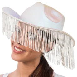 Cowboyhat Hvid Skinnende med Frynser