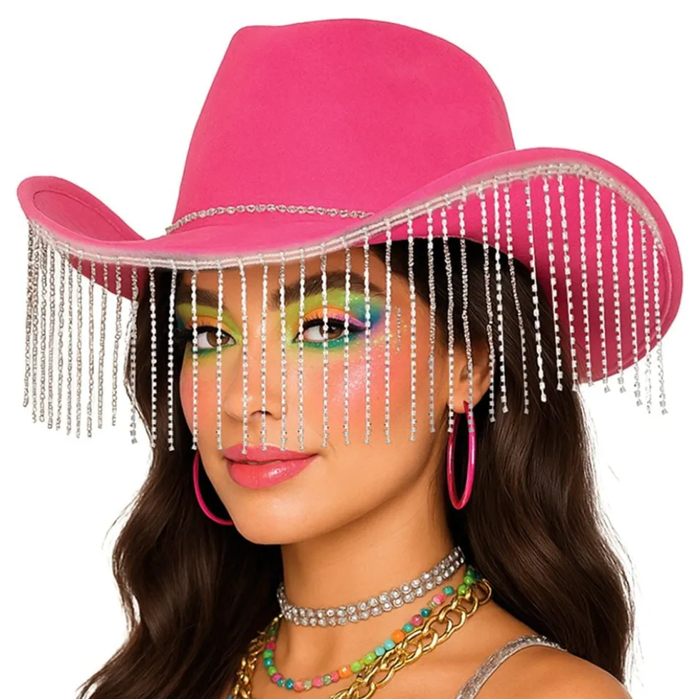 Cowboyhat Lyserød med Strass