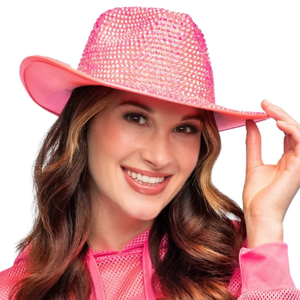 Cowboyhat med Strass UV Neonlyserød