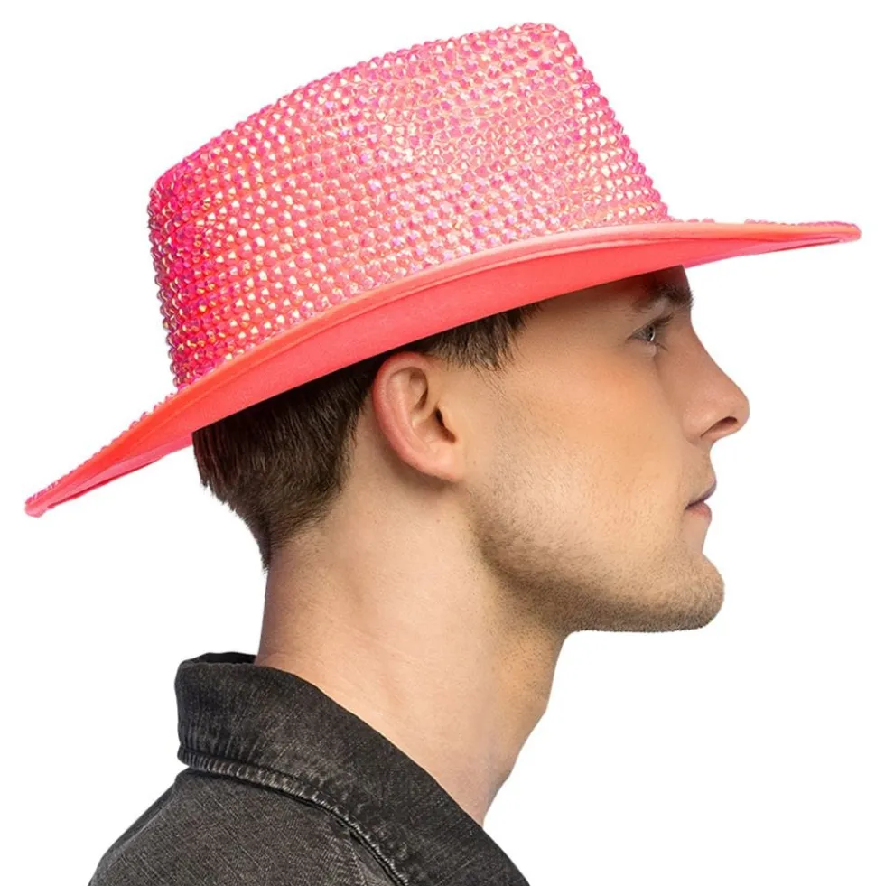 Cowboyhat med Strass UV Neonlyserød