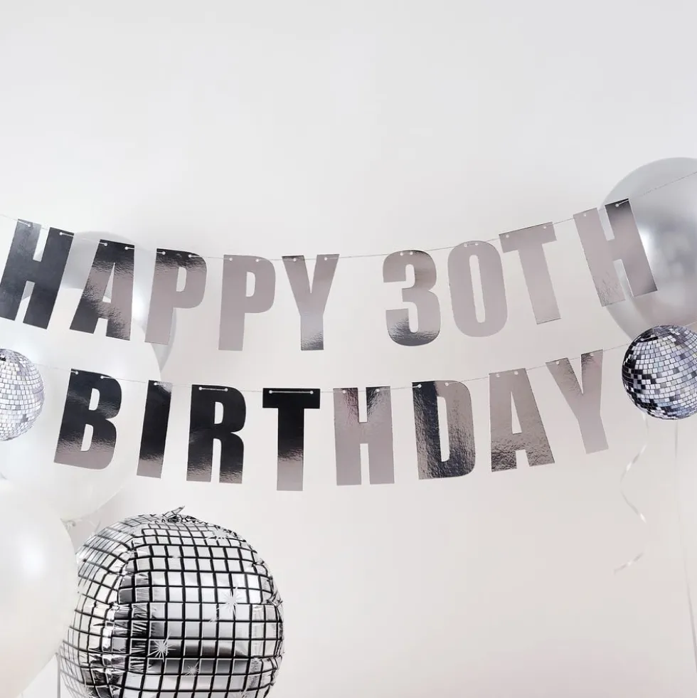 Guirlande Happy Birthday Silver Disco Personlig