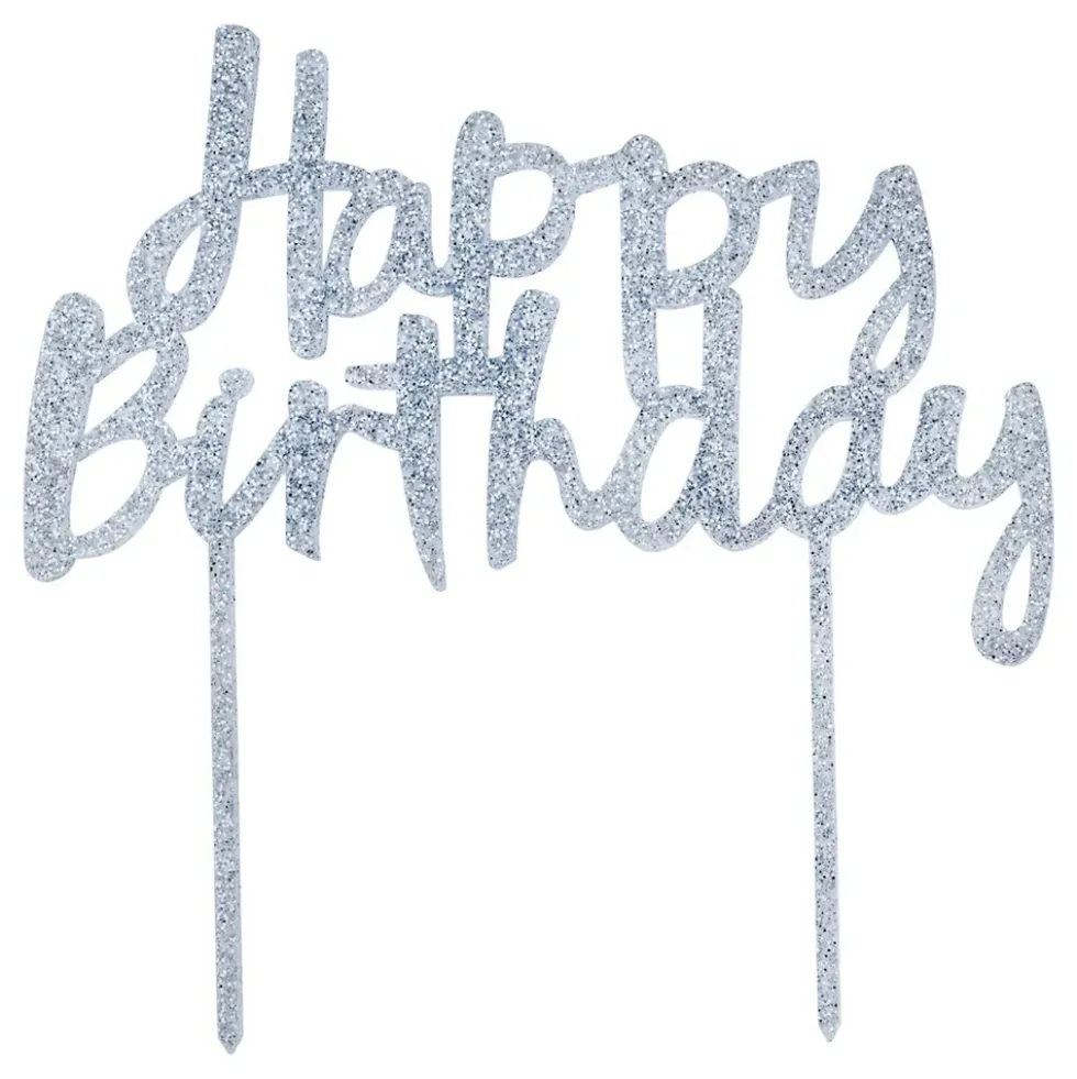 Kagedekoration Happy Birthday Sølv i Akryl