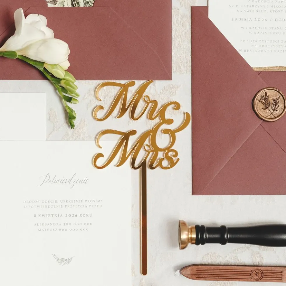 Kagedekoration Mr & Mrs Guld i Akryl