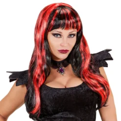 Lang Sort/Rød Halloween Paryk
