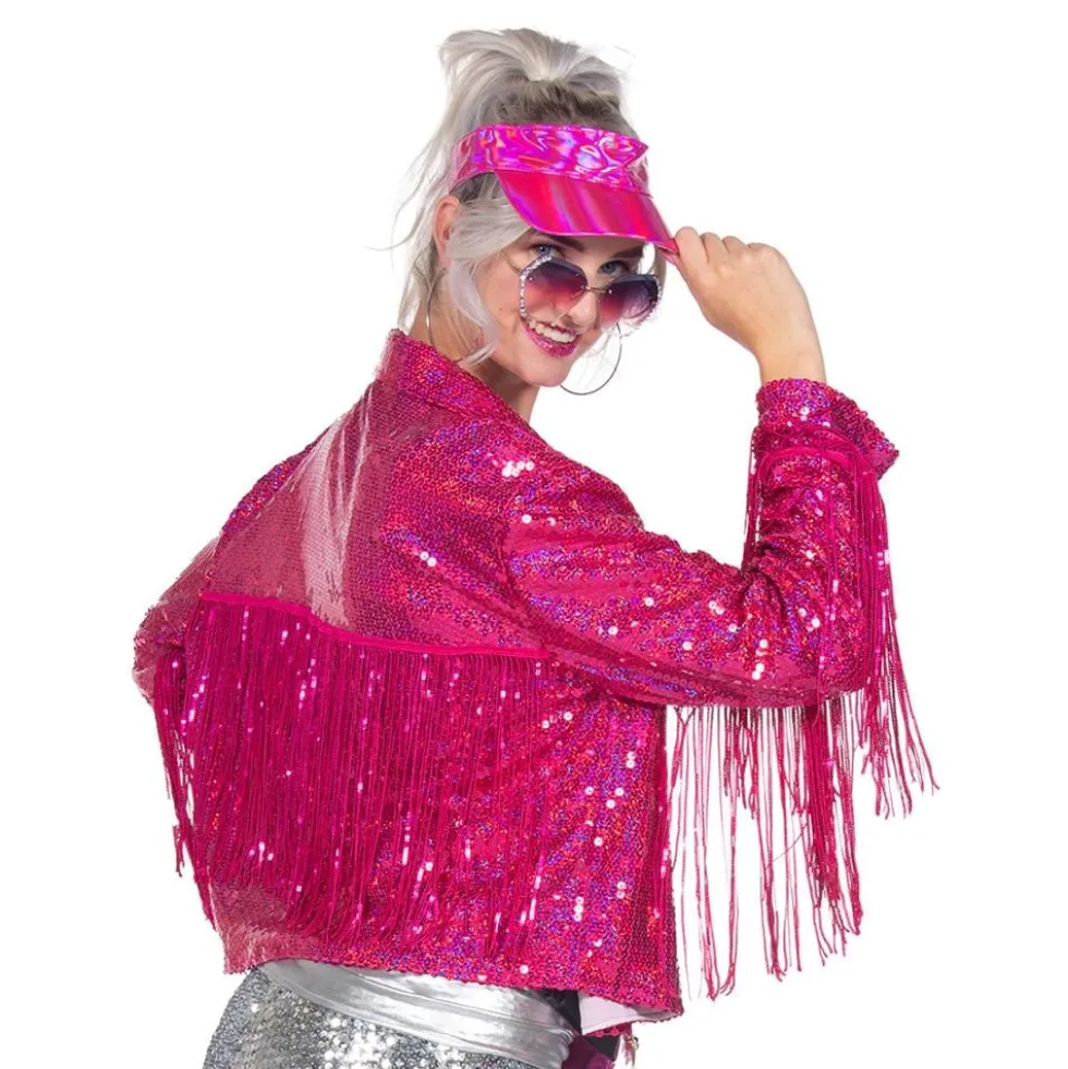 Palietjakke med frynser neonrosa