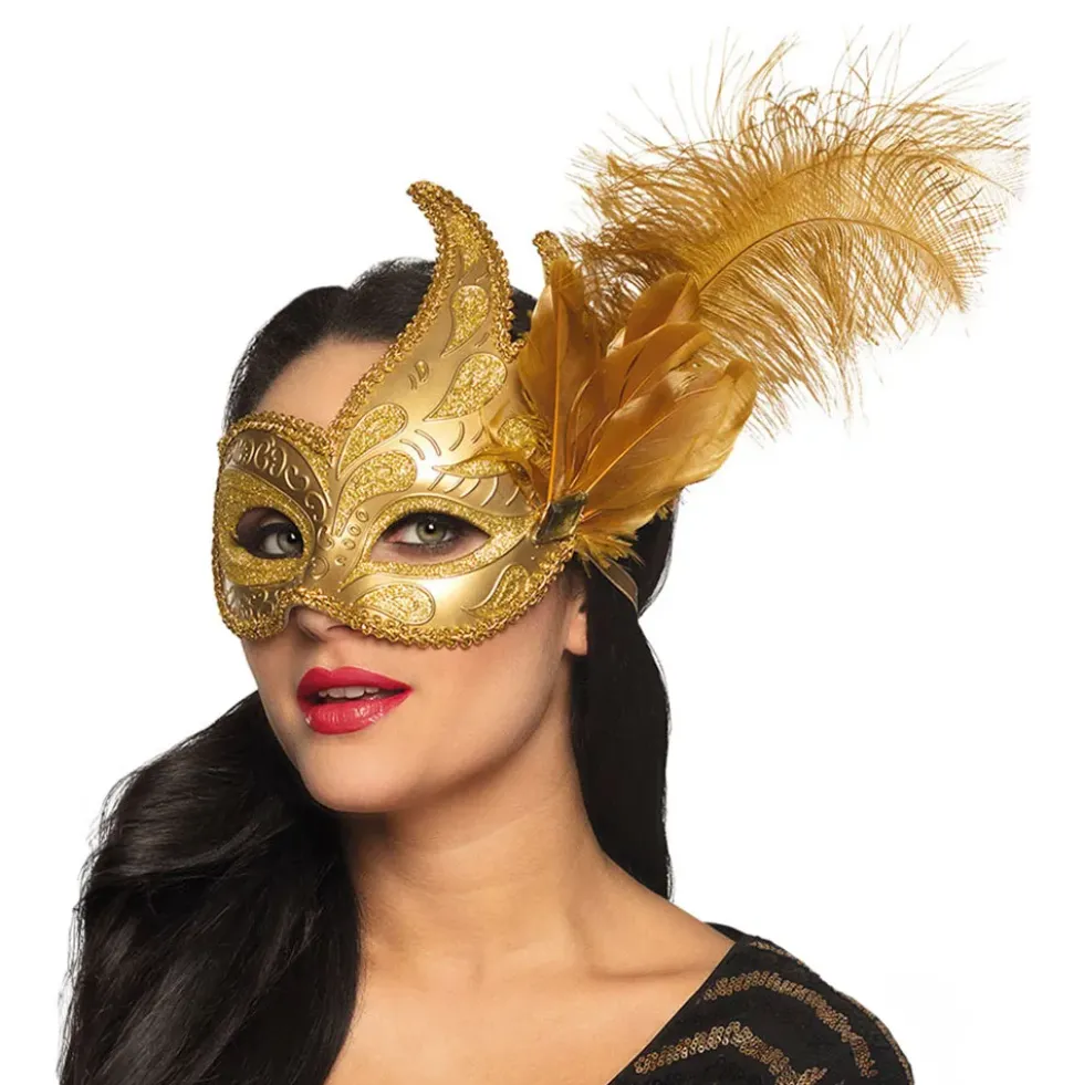 Venetiansk Maske Guld med Fjer